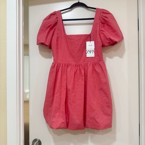 Zara Dresses & Skirts - NWT Zara Linen Blend Short Sleeve Mini Dress Bow Size Large Coral Pink